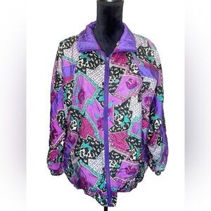 VINTAGE 80s/90s RAFEAL COLOR BLOCK PRINTED WINDBREAKER JACKET WOMENS SIZE LARGE